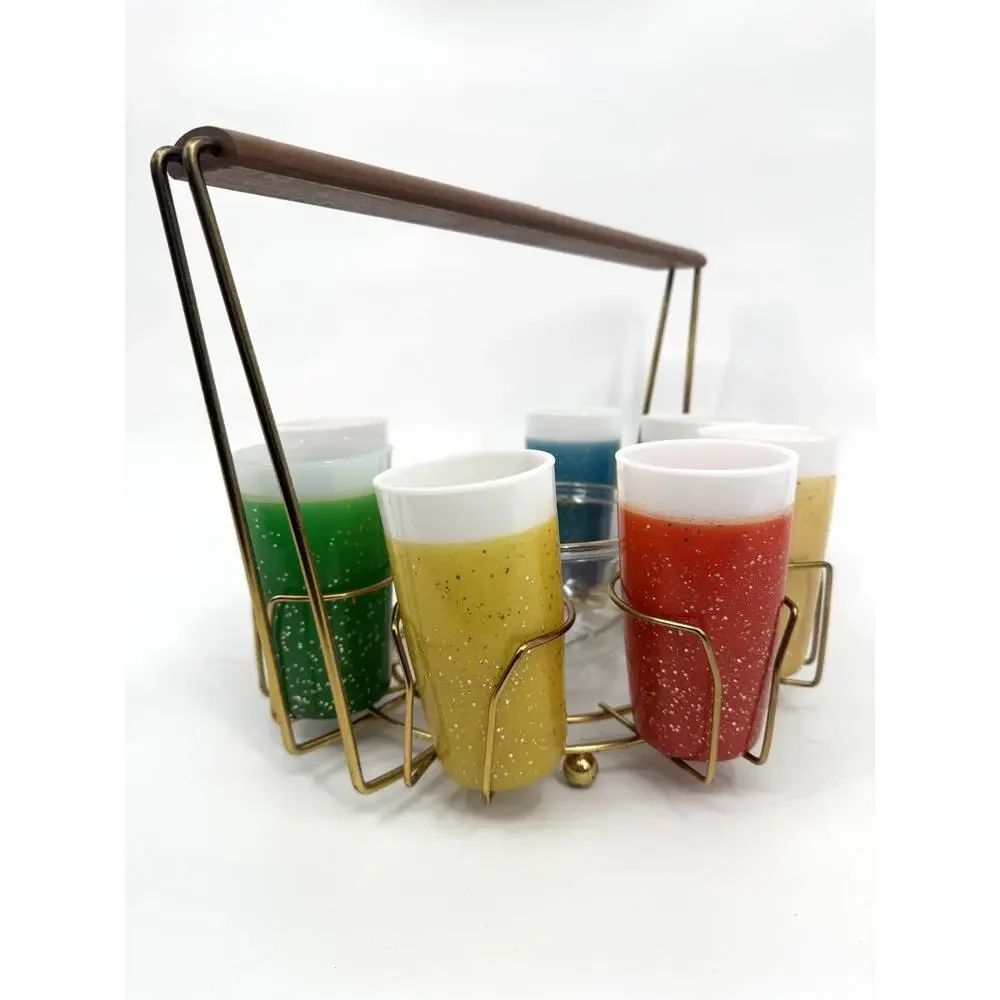 Galamite Glitter Fire King Glass 7 Tumbler Set With Caddy and Ice Bowl
